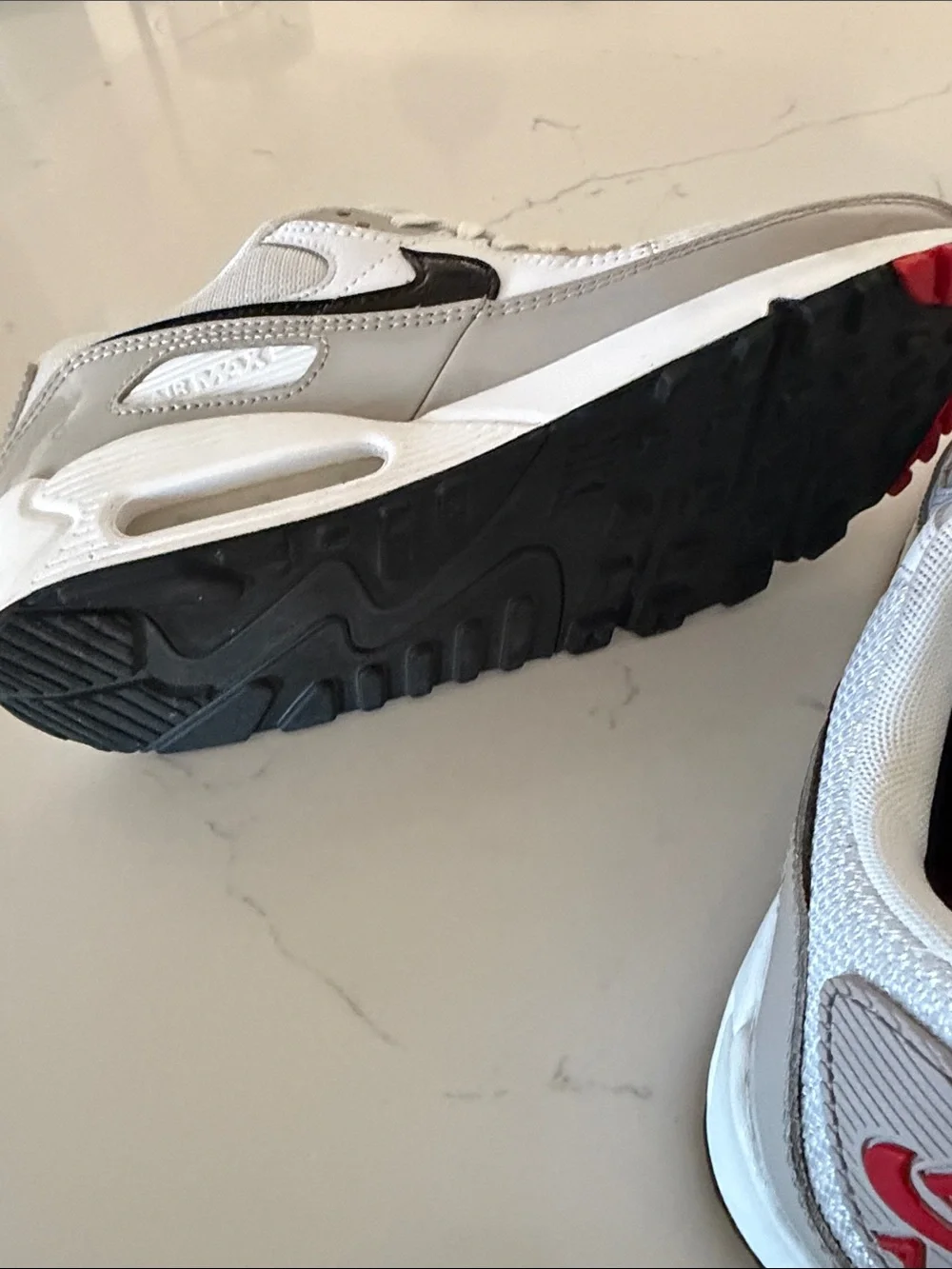 Nike Women’s Air Max 90 Light Iron White/Grey with Black Swoosh and Red Accents